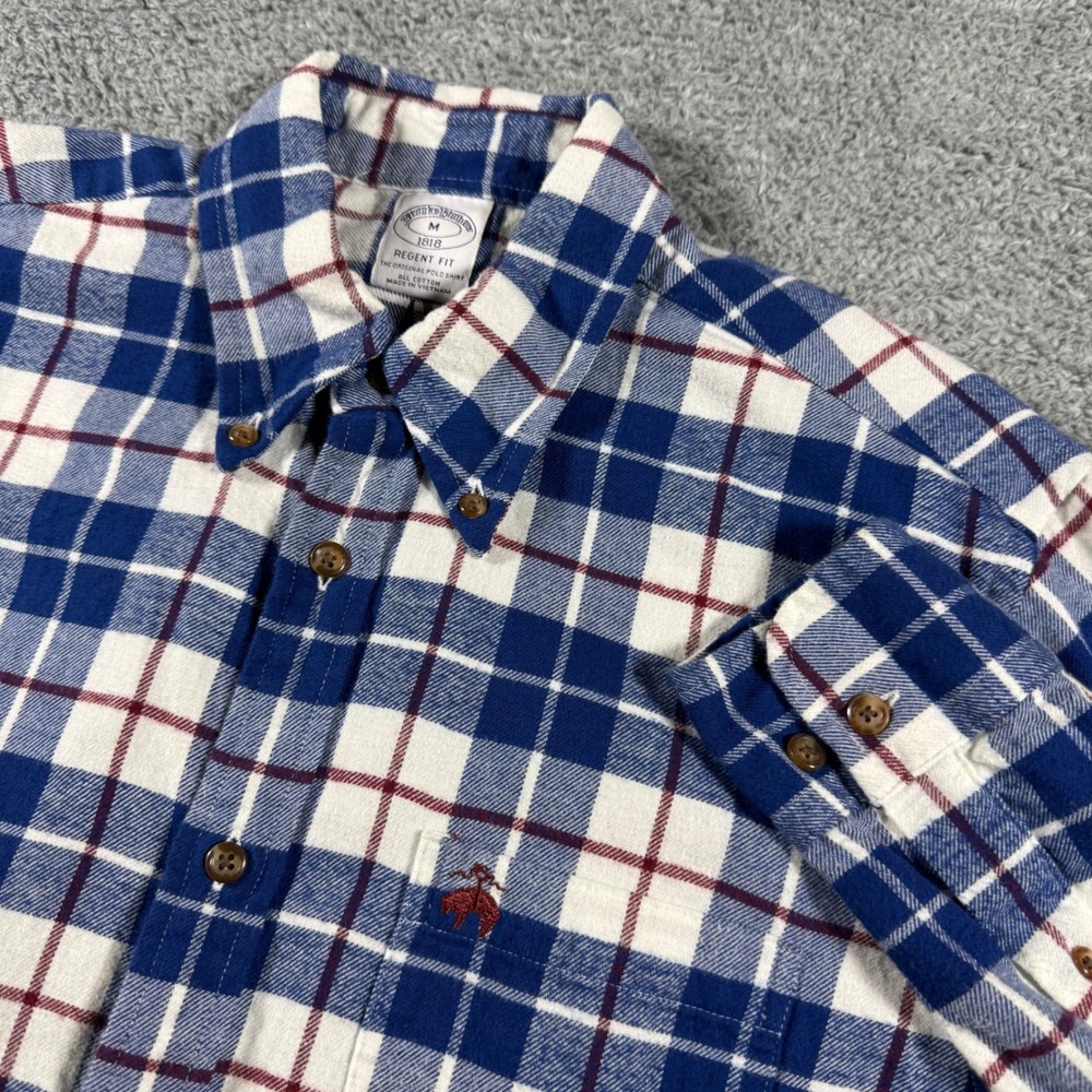 Brooks Brothers Flannel Shirt Mens Medium Blue Plaid Regent Fit Multicolor Logo